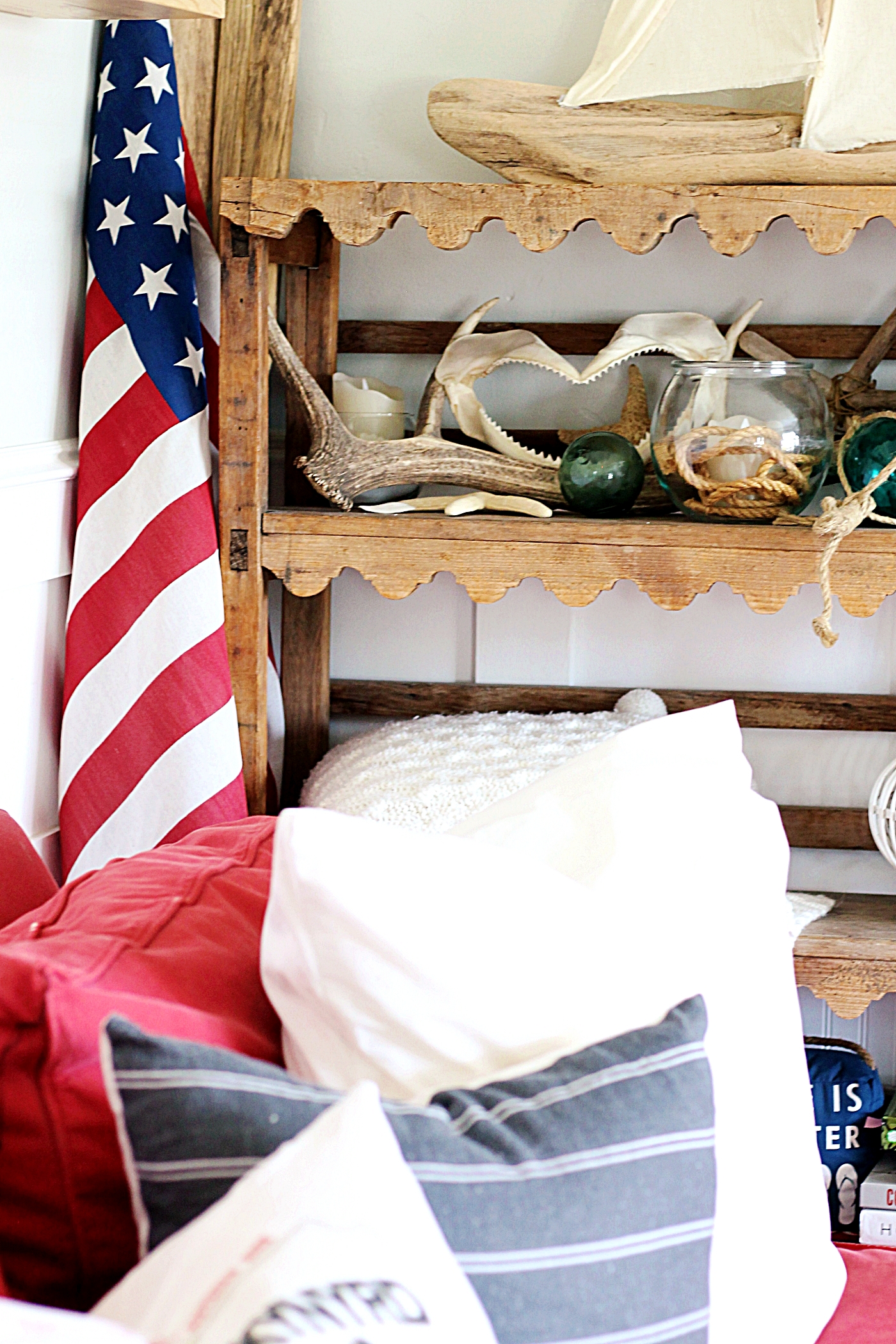 Wood Rack Shelf in Living Room + Nautical/Americana Styling