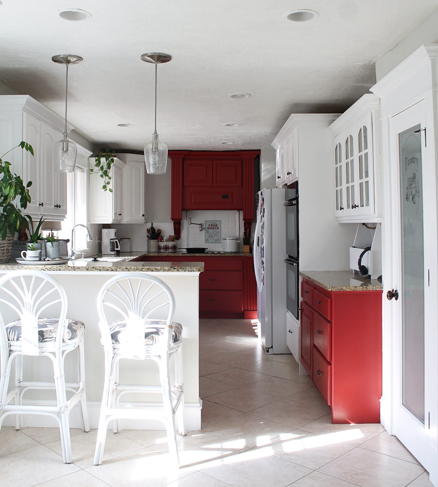 dark red painted kitchen cabinets