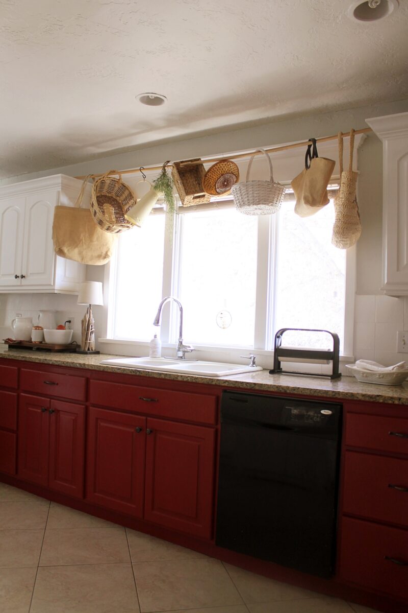 Hanging Baskets In Our Kitchen The Wicker House   IMG 3198 Red Kitchen Cabinets 800x1200 