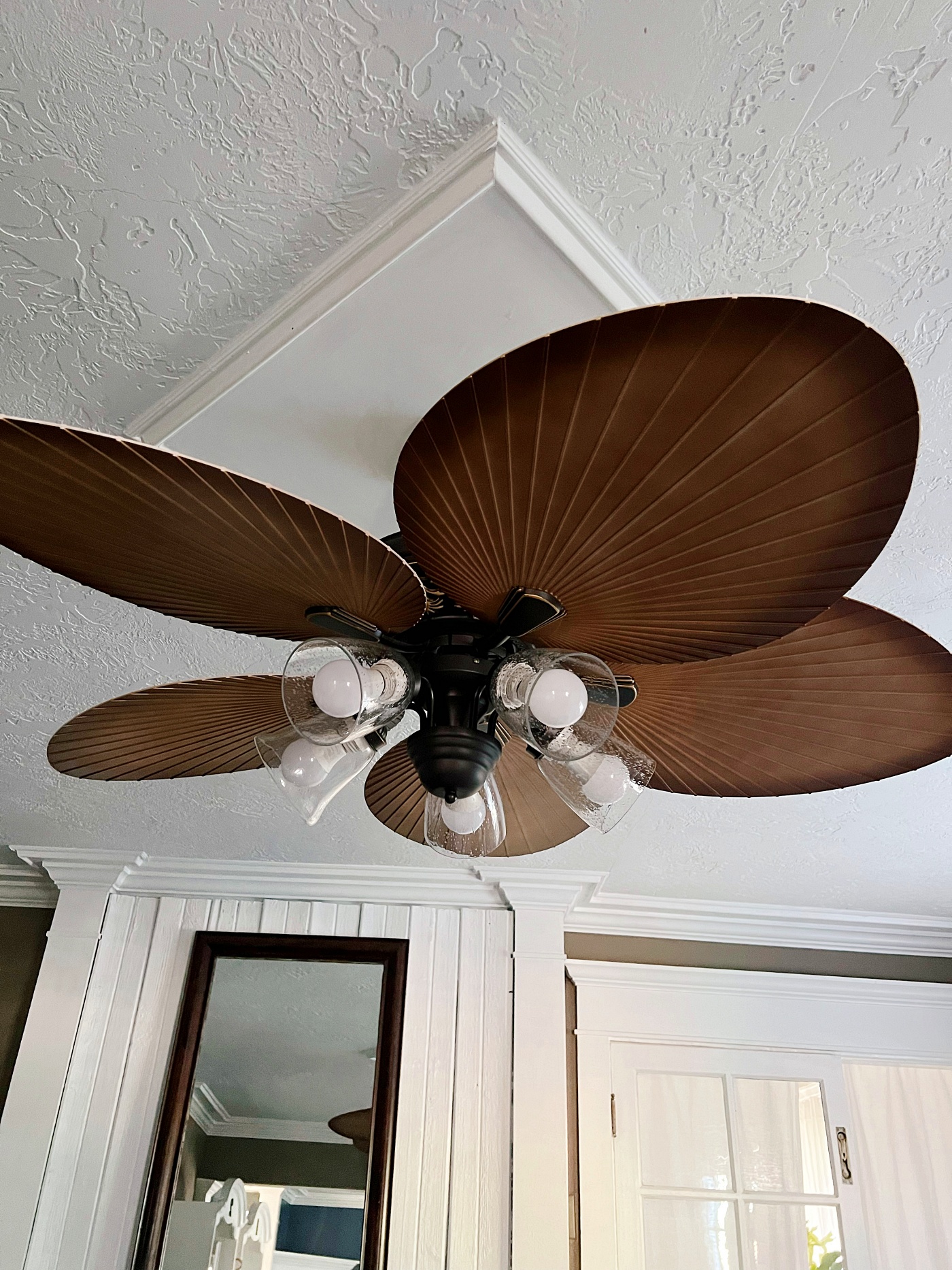 New Tropical Palm Ceiling Fan in our British Colonial Style Living Room