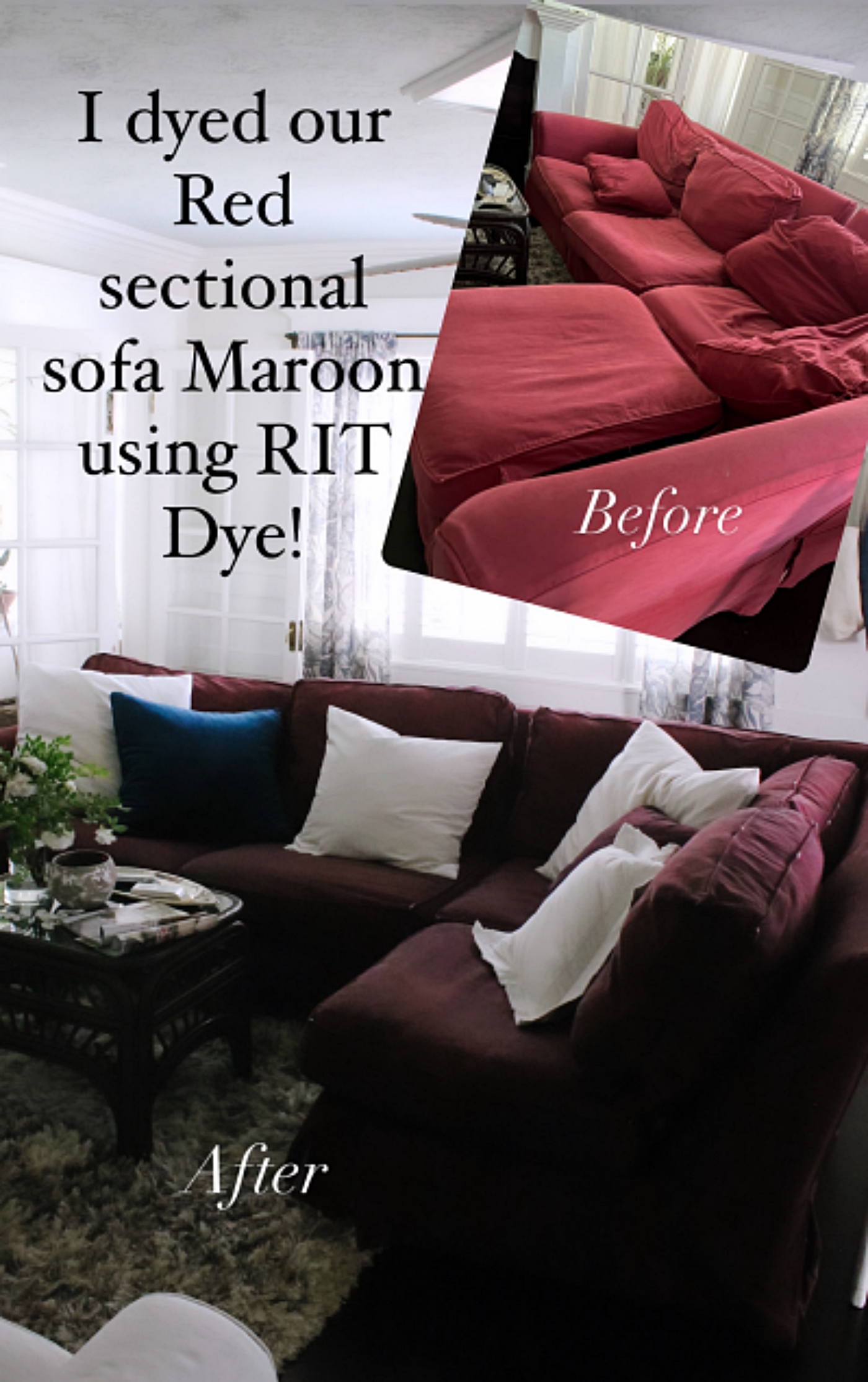 I Dyed Our Red Sectional Couch Slipcovers Maroon using RIT Dye.