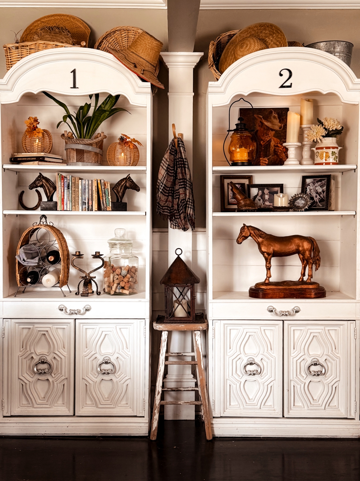 Fall Bookshelf Decorating Ideas: Wicker, Horses & Country Charm